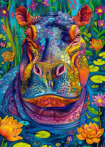 Bgraamiens Puzzle-Hippo in Water-1000 Pieces Rectangle Puzzle Hippo in Water Wild Animal Theme Color Challenging Beautiful Jigsa