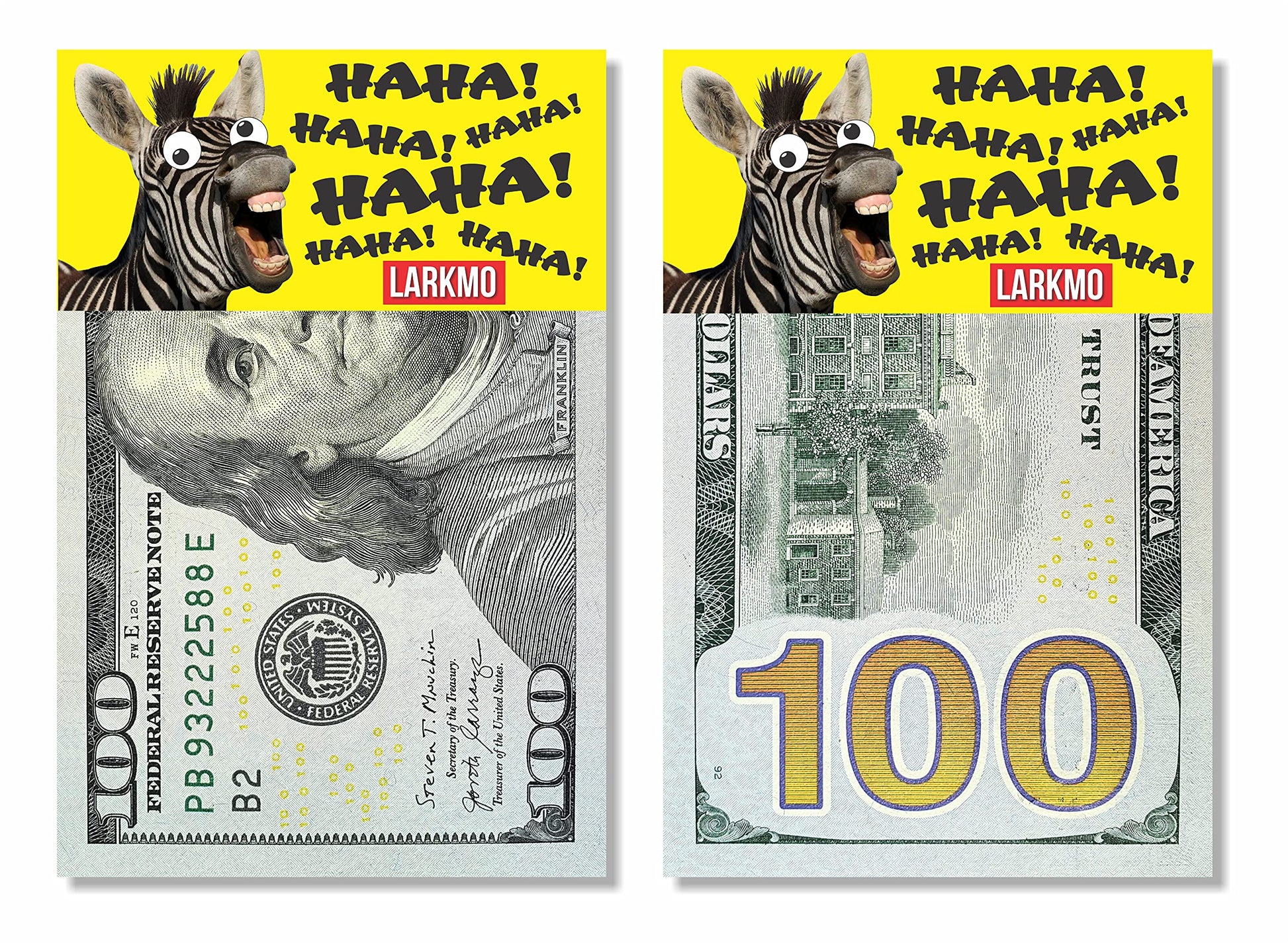 Larkmo The Pranking Zebra Funny $100 Gag, Realistic One Hundred Dollar Bill Joke Office Prank For Men, Women & Children, Great Practical Joke, Kit Of 50 Pieces
