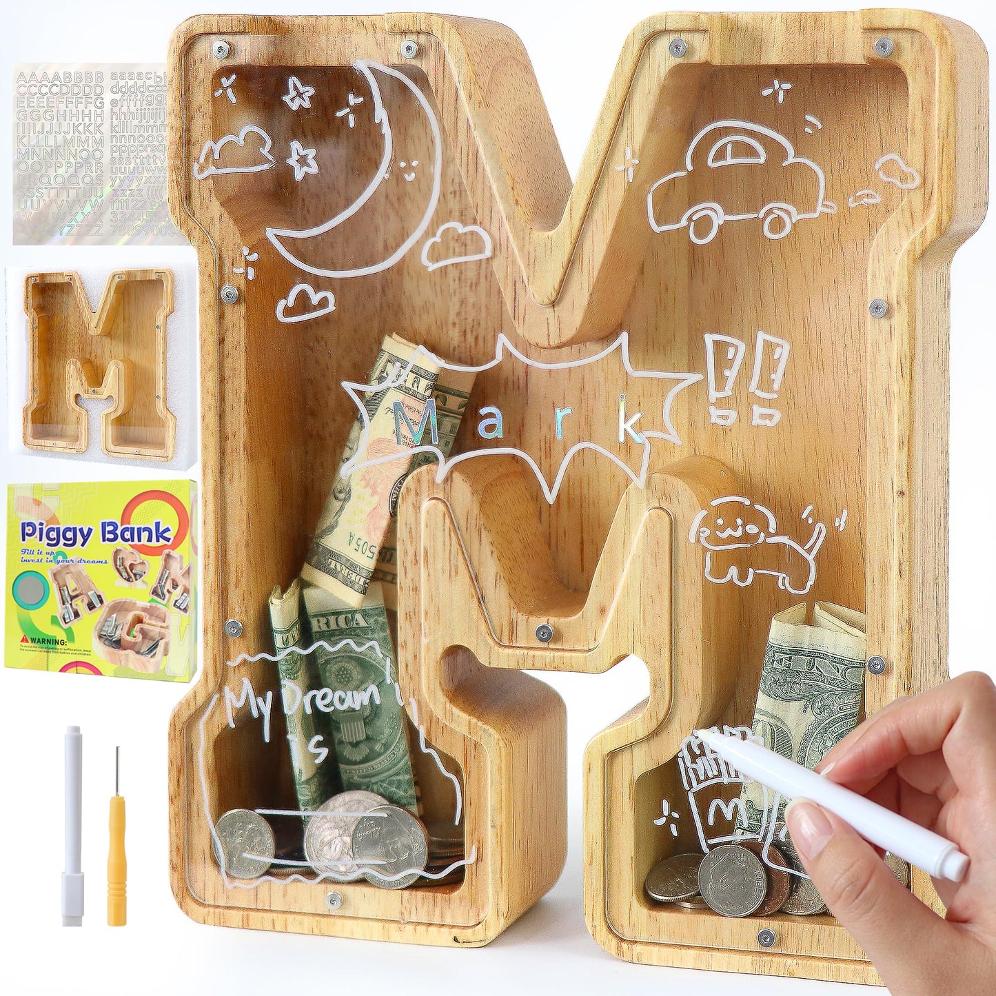 weallbuy Large Letter Piggy Bank for Kids Boys Girls Wooden Personalized Piggy Banks A-Z with Target Area Clear Alphabet Banknote Coin Banks for Gift Decoration Baptism (M)