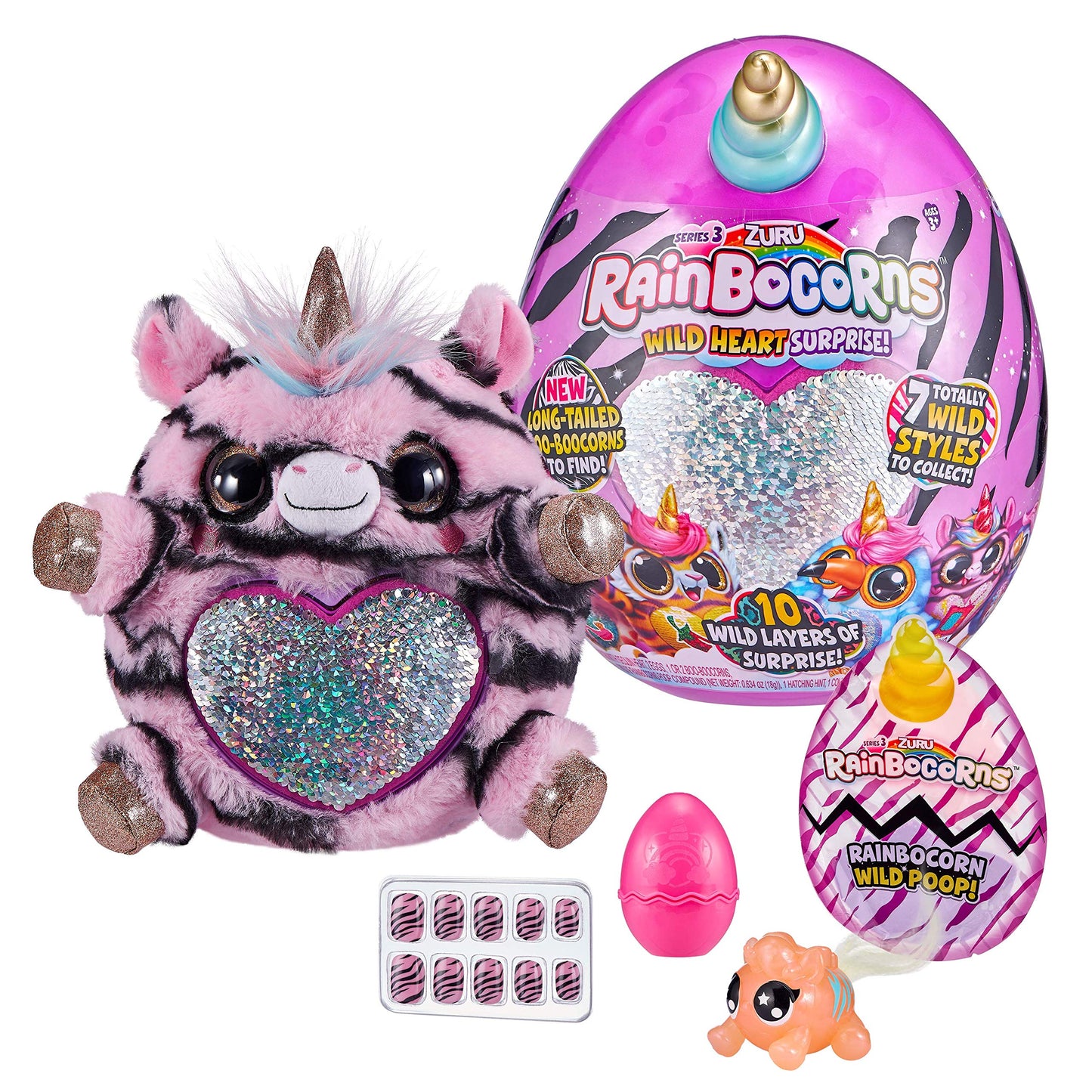 Rainbocorns Wild Heart Surprise Zebra - 11' Collectible Plush Stuffed Animal - 10 Layers Of Surprises, Unicorn Slime Mix, Nail Decals, Sparkle Sequin, Ages 3+ By Zuru