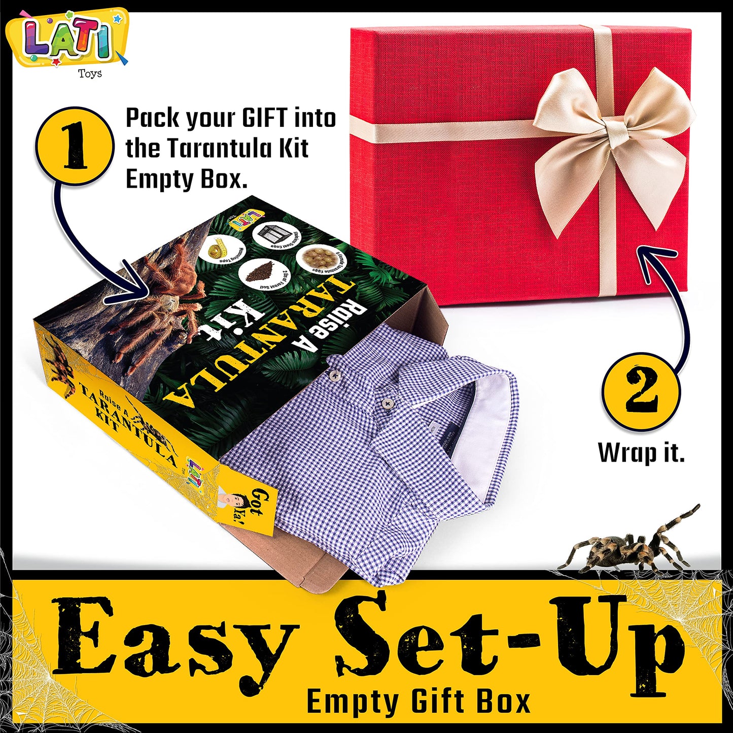 LATI TOYS Prank Tarantula Raise - Wrap Your Real Gift in a Prank Funny Gag Joke Gift Box ; Awesome Novelty Gift Box for Any mature-themed or Kid! Gag Party Funny Silly Joke Gift  No Contents Added
