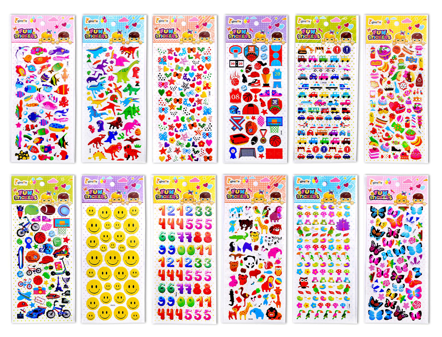 Giraffe Manufacturing 3D Puffy Stickers for Kids - Bulk Pack Toddler Stickers: Cars, Animals & More - Kids Stickers Perfect for