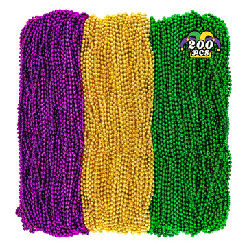 200Pcs Mardi Gras Beads, 33'' Bead Necklace, Mardi Gras Accessories, Purple Gold Green Party Beads Parade Throws Bulk For Christ
