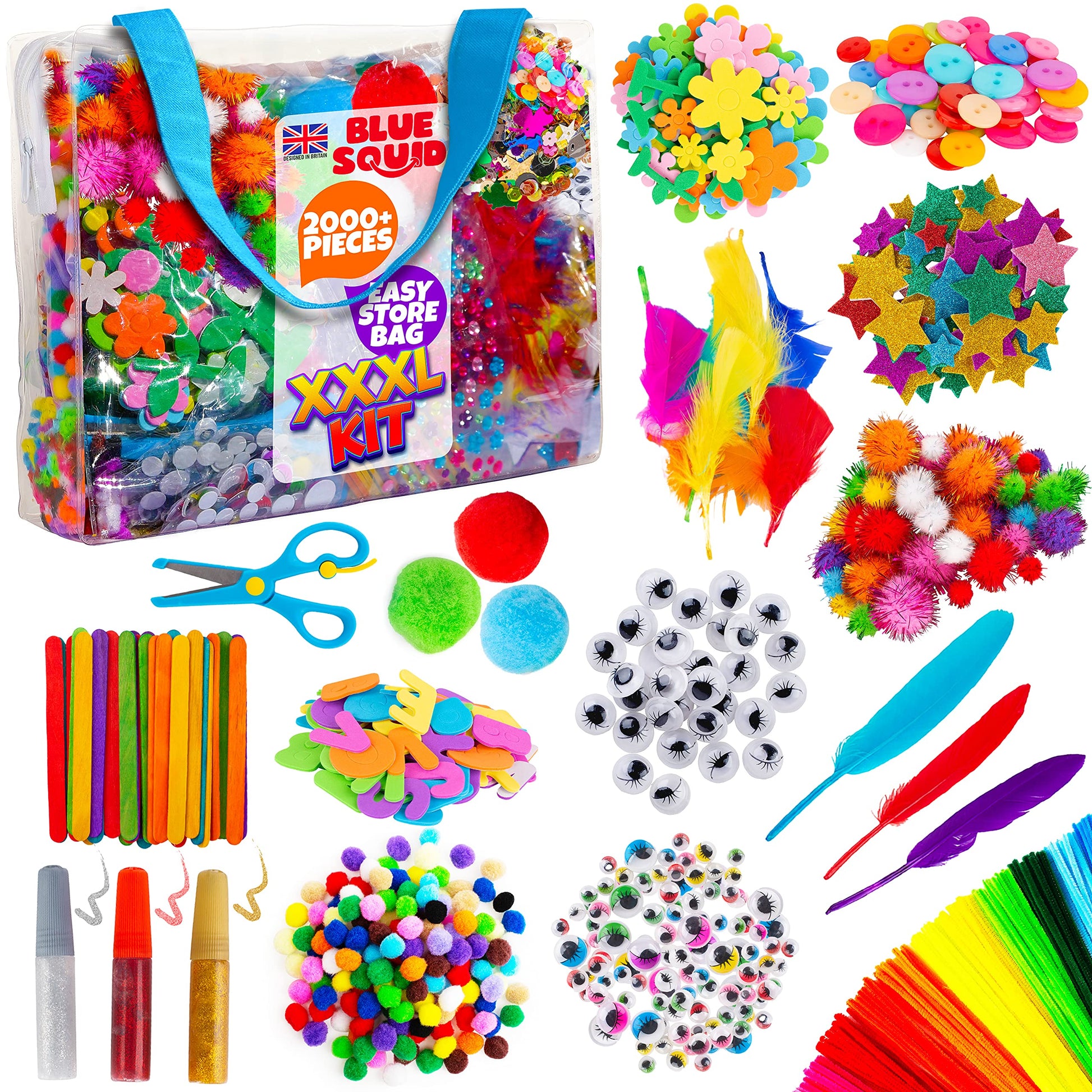 Blue Squid Craft Supplies for Kids - 2000+pcs in This XXXL Arts and Crafts Kit - This Huge Art Supply Box & Craft Set is Perfect