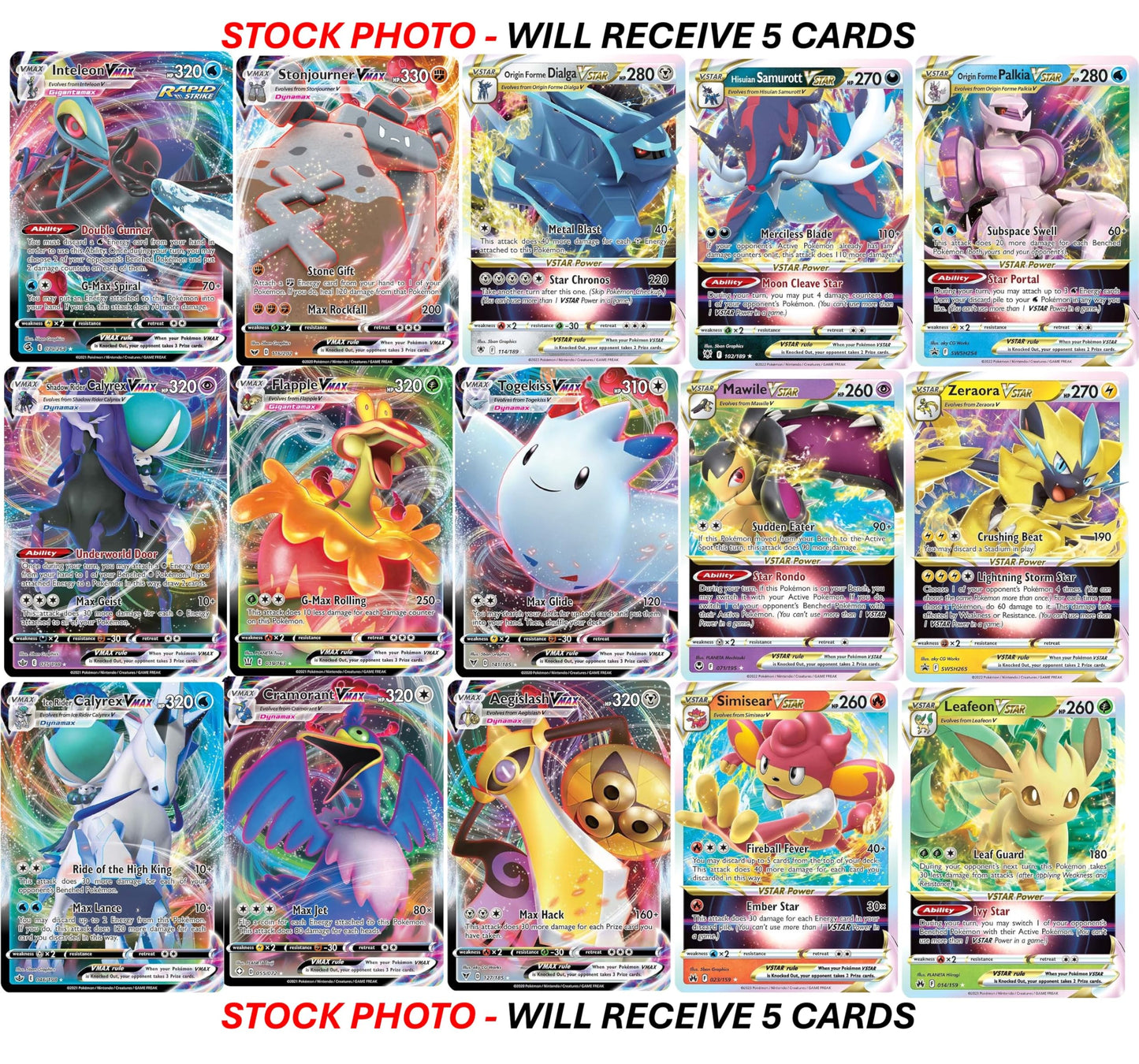 Pokémon VMAX/VSTAR Card Lot Bundle - 5 Full Art Etched Cards, Multicolor, Cardstock, No Duplicates, 5.28" x 7.32" x