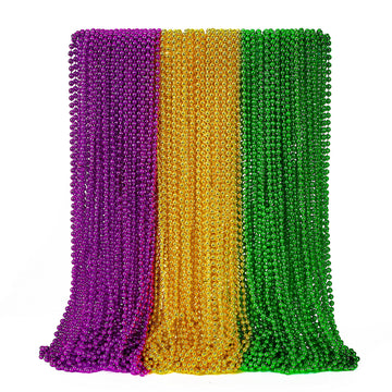 Eoboh 50Pcs Mardi Gras Beads, Mardi Gras Green Purple Gold Necklaces Bulk, Metallic Mardi Gras Beads Necklace Accessories Costum