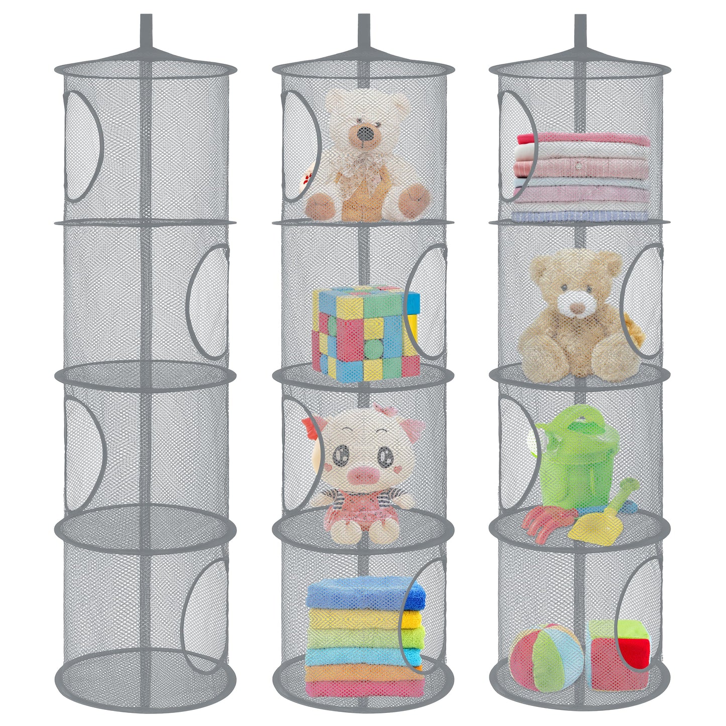 3Pcs Hanging Mesh Space Saver Bags Organizer, Foldable Storage Organizer 4 Compartments Toy Storage Organizer For Kid Room Toys,
