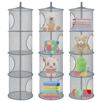 3Pcs Hanging Mesh Space Saver Bags Organizer, Foldable Storage Organizer 4 Compartments Toy Storage Organizer For Kid Room Toys,