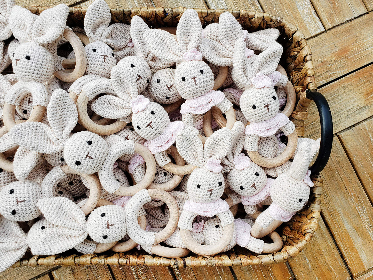 Natural Crochet Teether Toy Rattle For Baby Forest Friends Handmade Amigurumi Crochet Bunny Deer Fox On Natural Wooden Teething