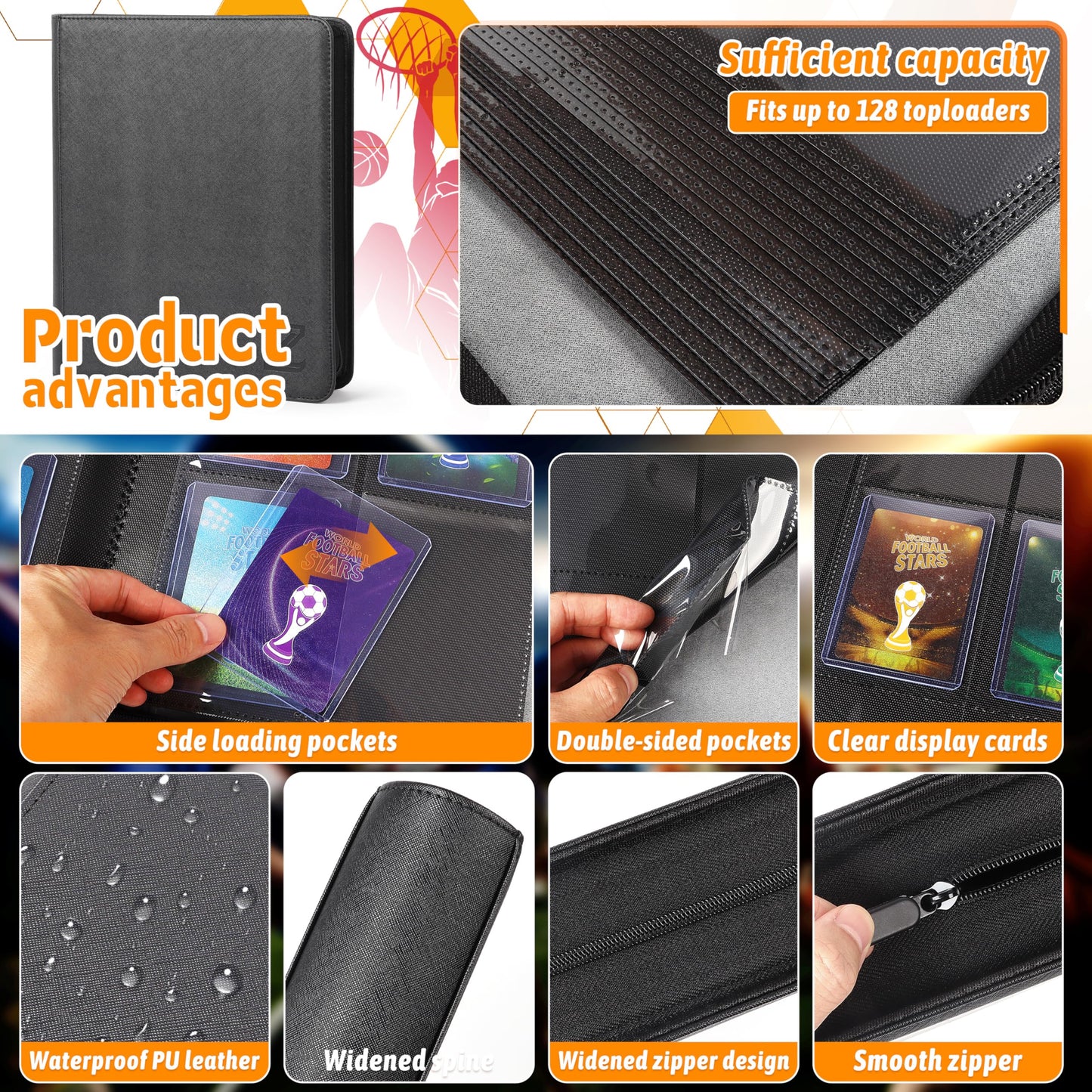 ZAIONE Toploader Binder for Trading Cards: 4 Pockets enhanced Top Loader Binders - Holds 128 Toploaders 10 Toploaders Included for 2025 Sports Card Folders Storage(Black Classic Texture)