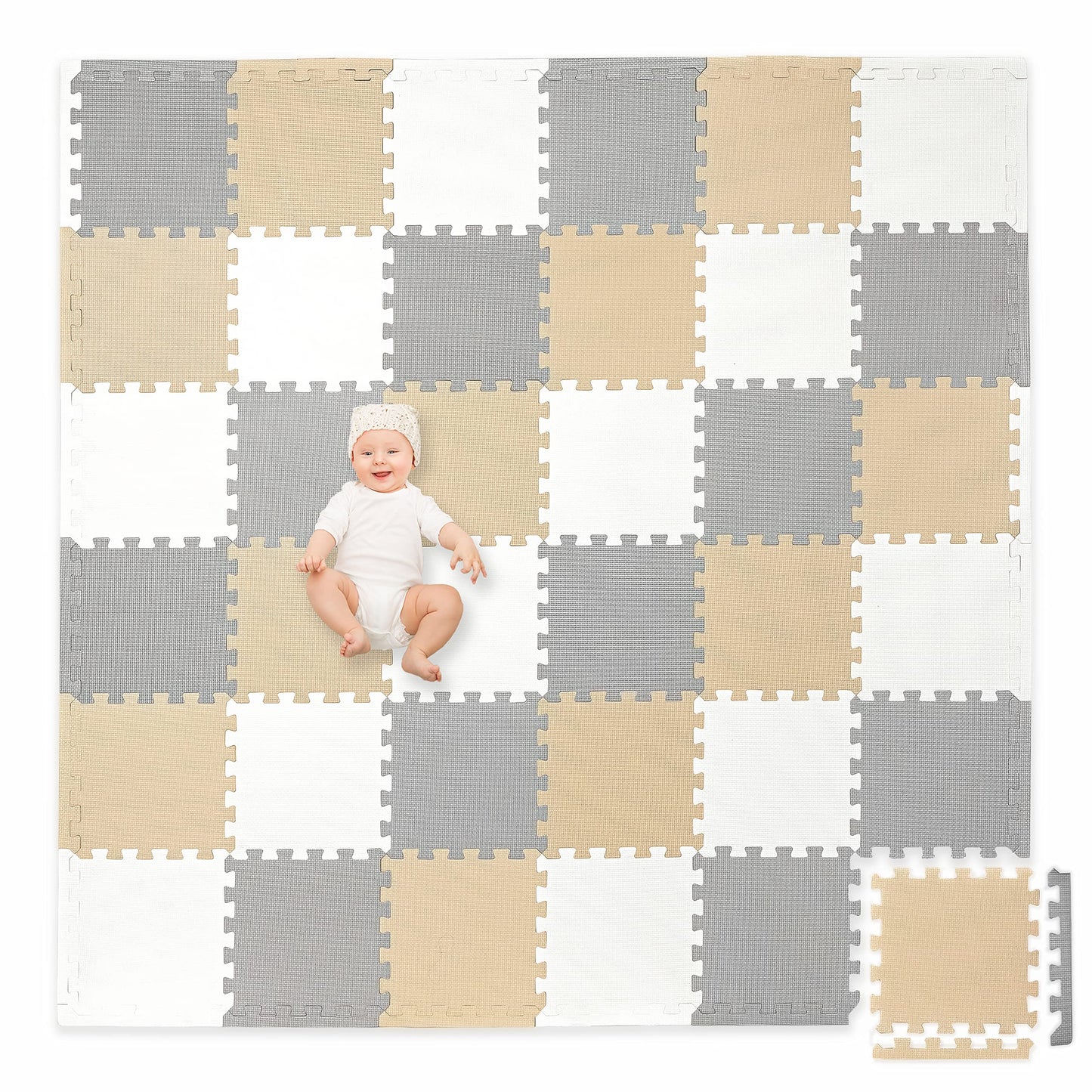 Play Platoon Non-Toxic Foam Puzzle Floor Mat, Comfortable, Extra Thick, Cushiony Exercise And Play Mat For Toddlers, Kids & Adults, 36 Tiles (12'X12'), Warm Grey/Cream/Sand