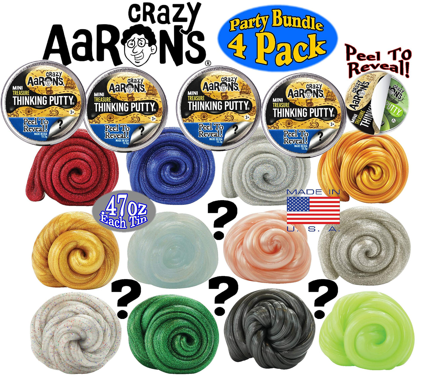 Crazy Aarons Putty Mini Tins Treasure Surprise Peel to Reveal (Collect All 12 Colors) Gift Set Party Bundle - 4 Pack (.47oz Eac