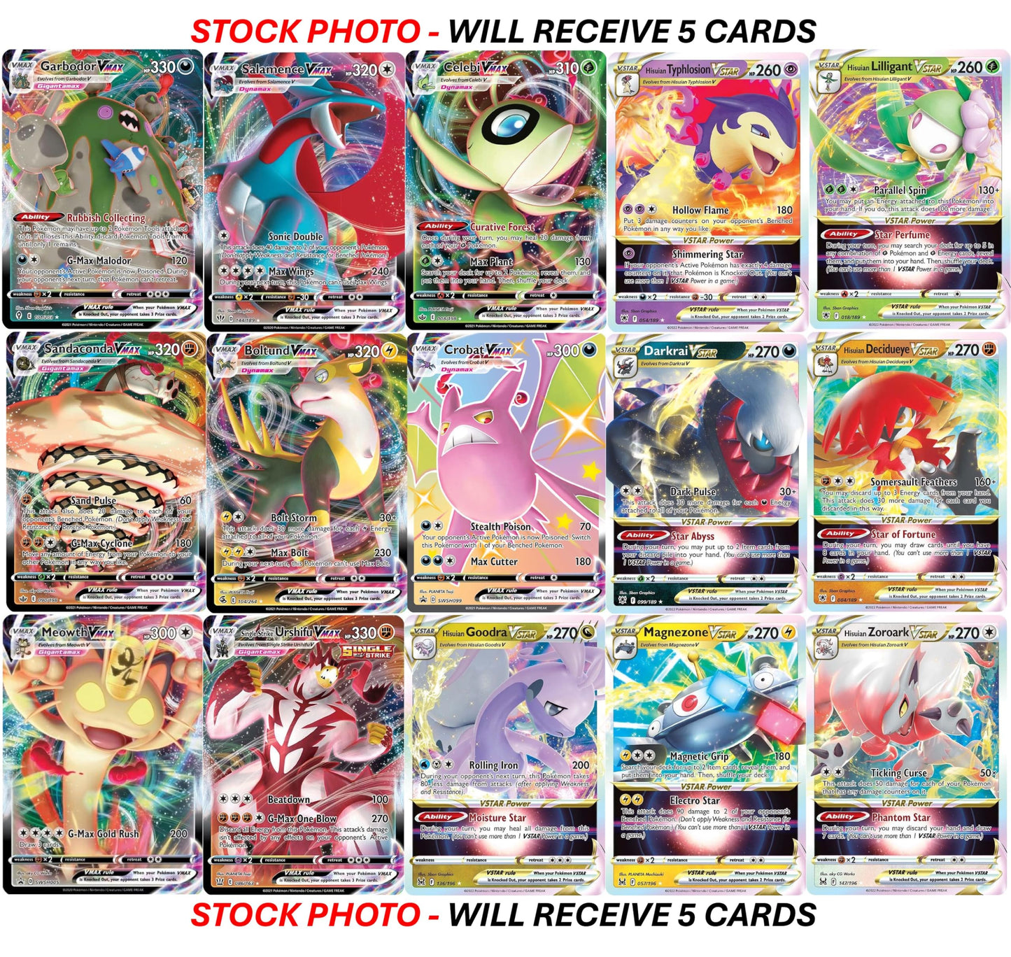 Pokémon VMAX/VSTAR Card Lot Bundle - 5 Full Art Etched Cards, Multicolor, Cardstock, No Duplicates, 5.28" x 7.32" x