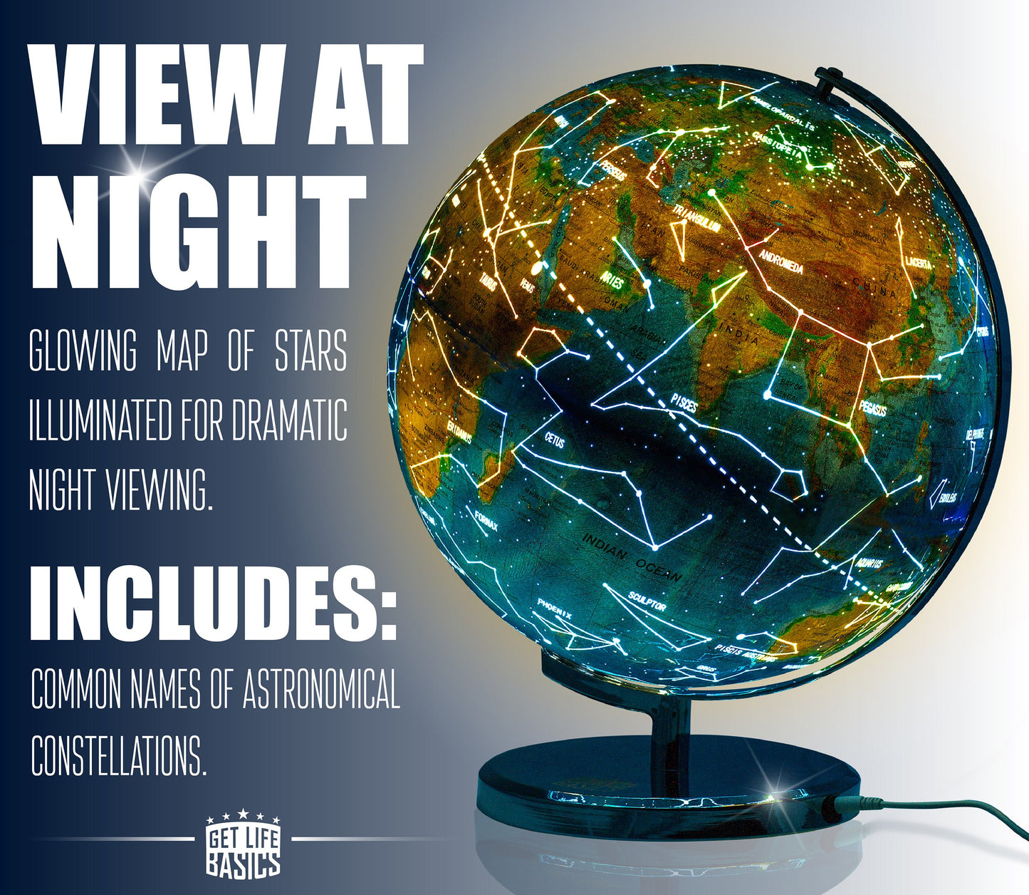 Interactive World Globe for mature-themeds - Large 13 Inch Globe with Stand - Earth Globe with Illuminated Constellations Light Up at Night - Geographic Map for Kids - Educational Learning Gift - Compass to navigate it!