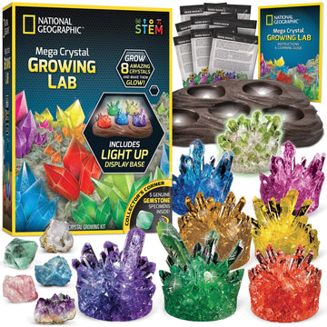 National Geographic Mega Crystal Growing Kit For Kids- Grow 8 Crystals With Light-Up Stand, Science Gifts For Kids 8-12, Crystal Making Experiment, Science Kit For Girls And Boys