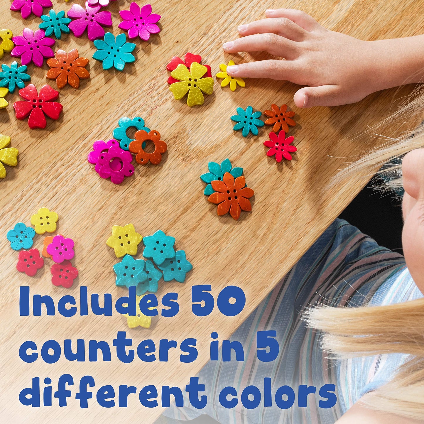 Ready 2 Learn Coconut Flowers - Set Of 50 - 6 Shapes - 5 Colors - Natural, Hand Made Counters For Kids - Use For Crafts And Jewl