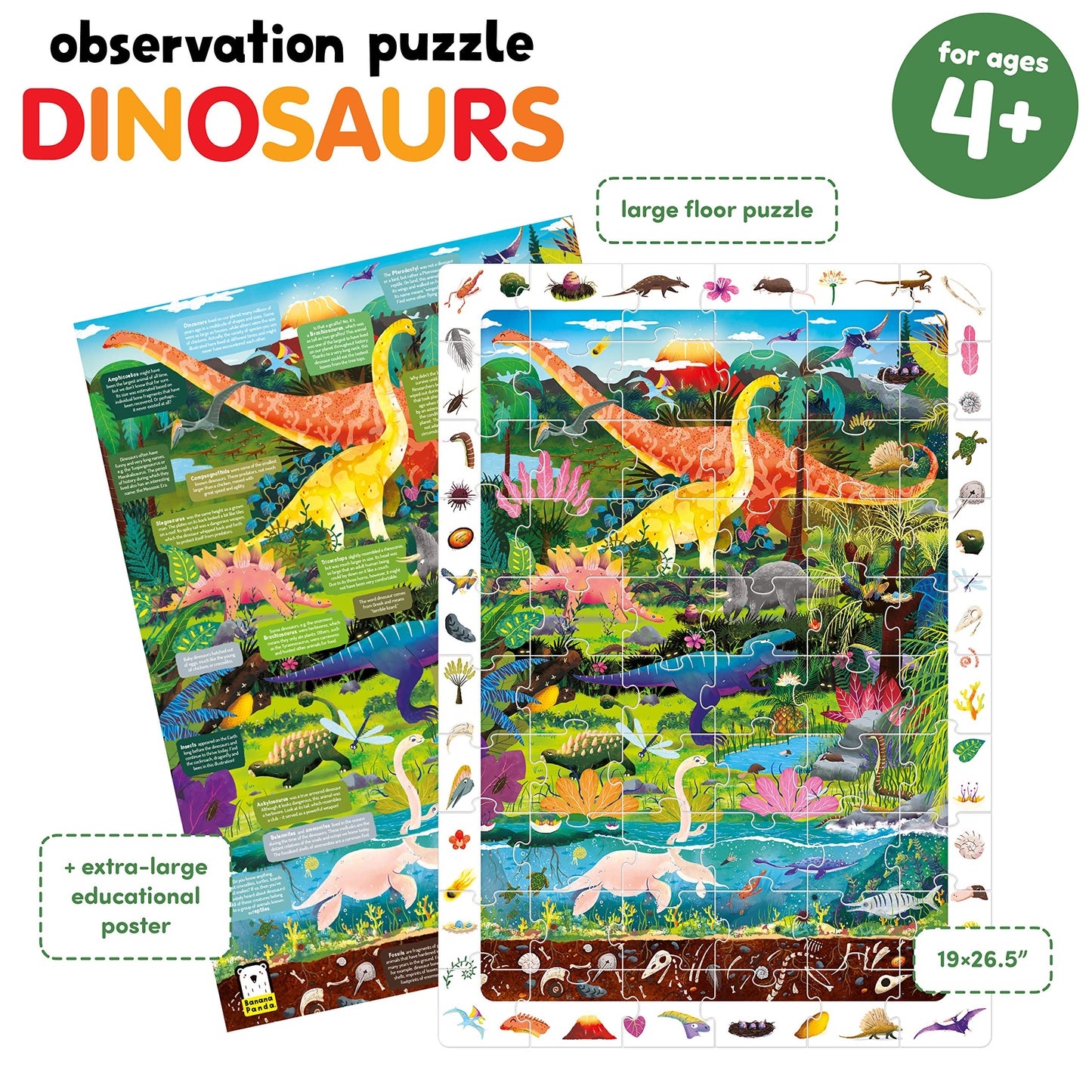 Banana Panda Dinosaur Puzzle For Kids - Large 60-Piece Observation Floor Puzzle With Seek And Find Activity - Includes Big Poster With Facts For Learning More About Dinosaurs - For Ages 4-8 Years