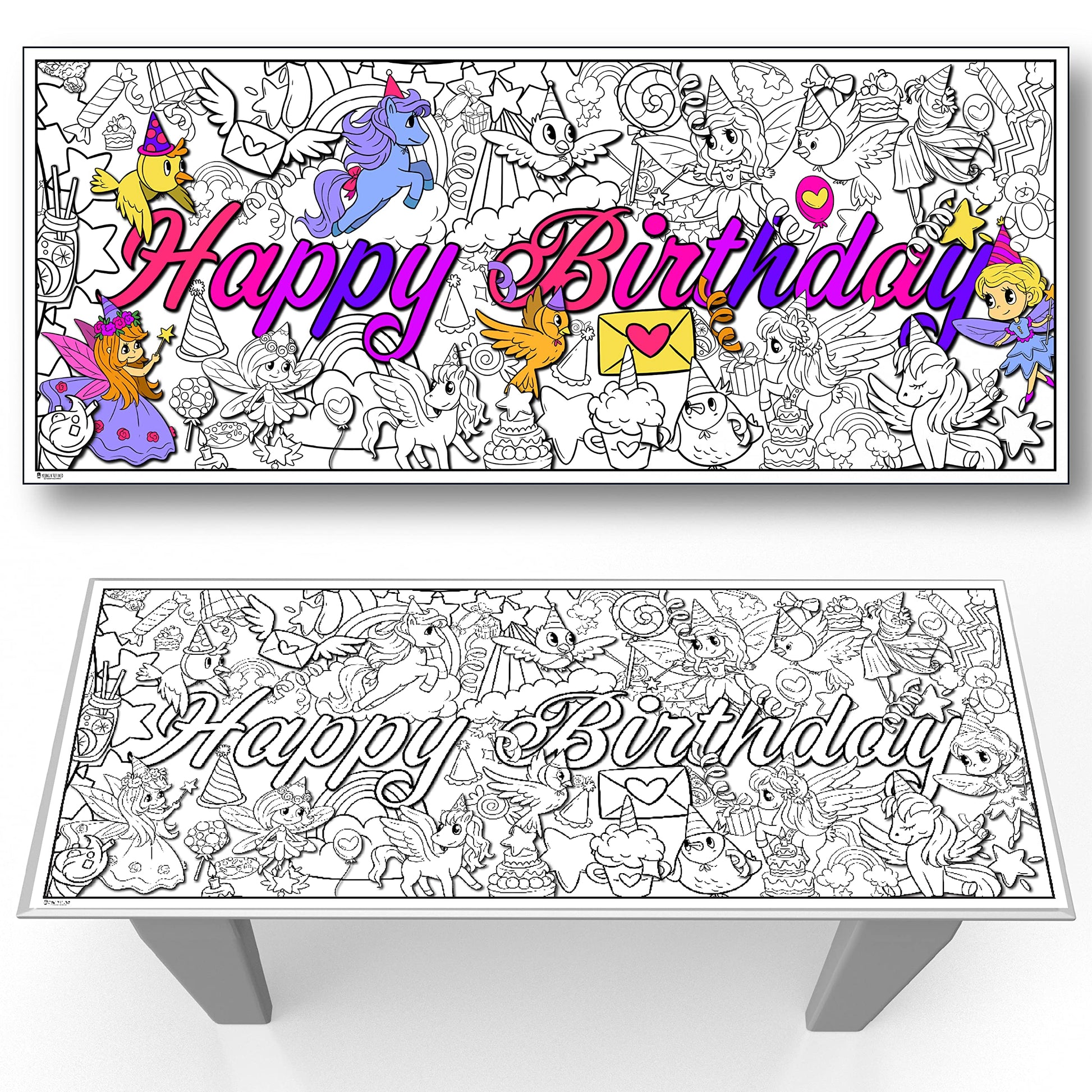 Young N Refined Coloring Table Cloth Birthday Party Activity Page Paper Liner Fairy Princess Unicorns (72x30)