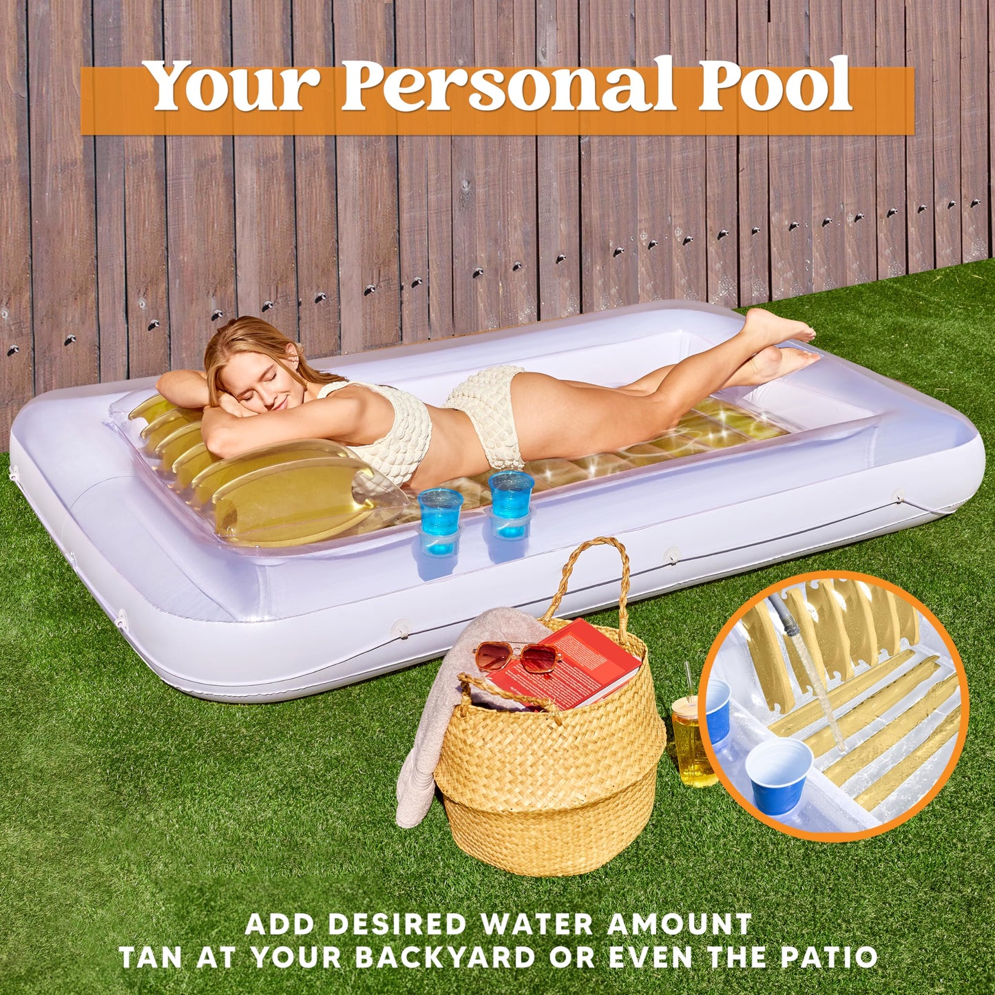 SLOOSH Inflatable Tanning Pool Lounger Float  85 x 57 Extra Large Pool Floats mature-themed with Pillow  4 in 1 Suntan Tub Raft Floatie Sunbathing Bed Lounge for Water Blow Up Ball Pit  XL-Golden White