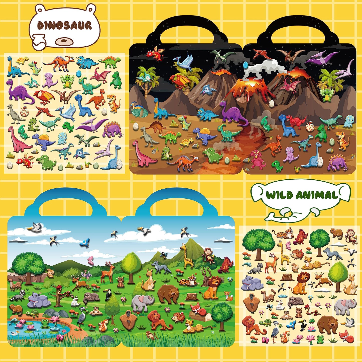 Kalysky 6-Set Puffy Sticker Books for Kids, 3D Reusable Stickers, Farm, Dinosaurs, Ocean, Space, Vehicle, Model TZS-922
