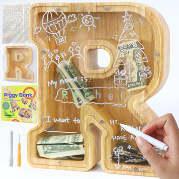 weallbuy Large Letter Piggy Bank for Kids Boys Girls Wooden Personalized Piggy Banks A-Z with Target Area Clear Alphabet Banknote Coin Banks for Gift Decoration Baptism (R)