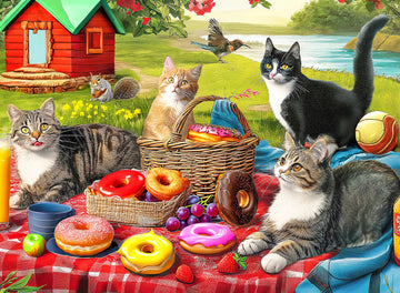 100 Pieces Jigsaw Puzzles For Adults - Cat Puzzles For Kids Ages 6-8 8-10 10-12 - Picnic Kittens And Donuts