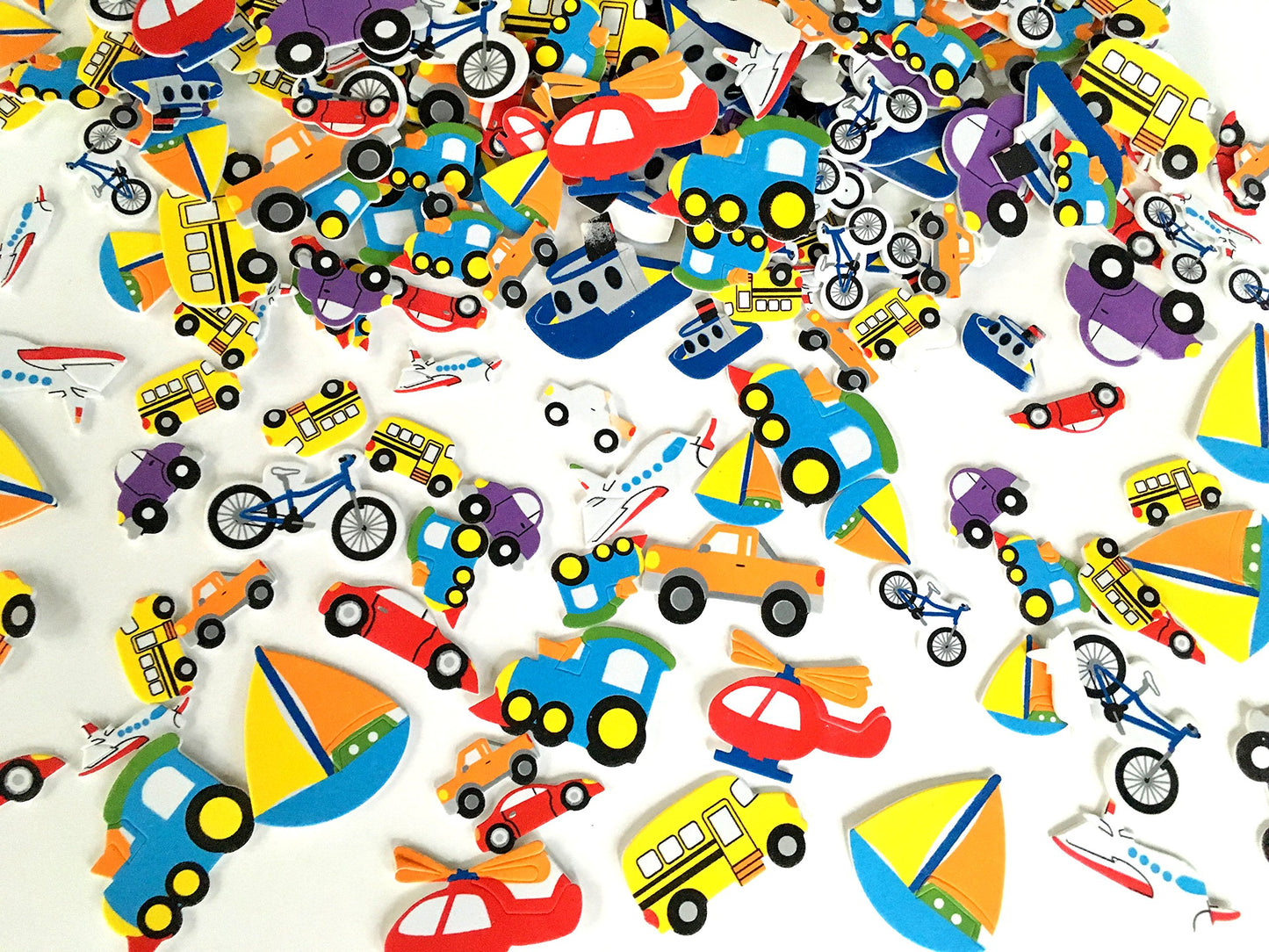 Self Adhesive Craft Stickers, Carnival, Planets, Farm Animals, Princess, Dinosaur Themed Stickers (500 Piece Party Packs) (Transportation)