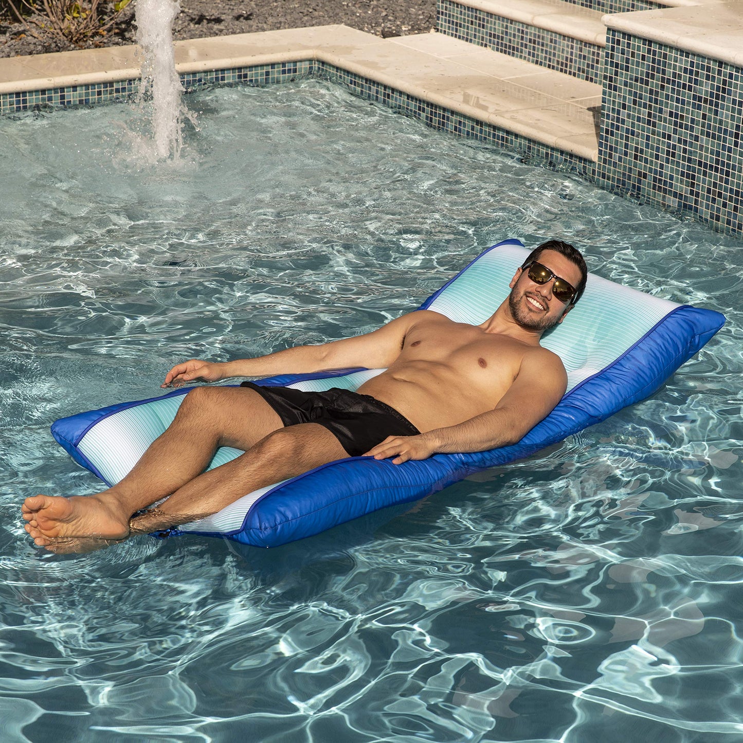 Big Joe Kona No Inflation Needed Pool Lounger With Headrest, Fade Aqua Double Sided Mesh, Quick Draining Fabric, 5.5 Feet Big