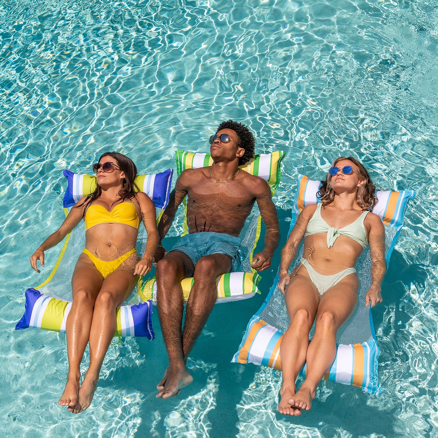 Sloosh 3 Pack Inflatable Pool Float Hck  Water Hck Lounges  Multi-Purpose Swimming Pool Accessories (Saddle  Lounge Chair  Drifter) for Pool  Lake  Outdoor  Beach (Dark Blue/Yellow/Orange)