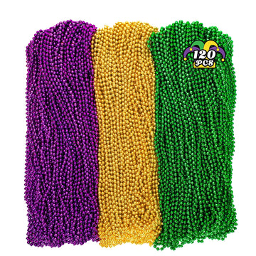 120PCS Mardi Gras Beads, 33'' Beaded Necklace, Purple Gold Green Mardi Gras Accessories, Party Costume Necklaces Parade Throws W