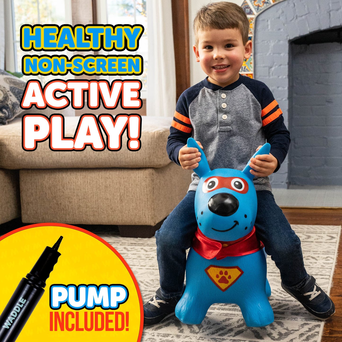 Waddle Bouncy Hopper Inflatable Hopping Animal, Indoors And Outdoors Toy For Toddlers And Kids, Pump Included, Boys And Girls Ages 2 Years And U (Blue Super Hero Dog)