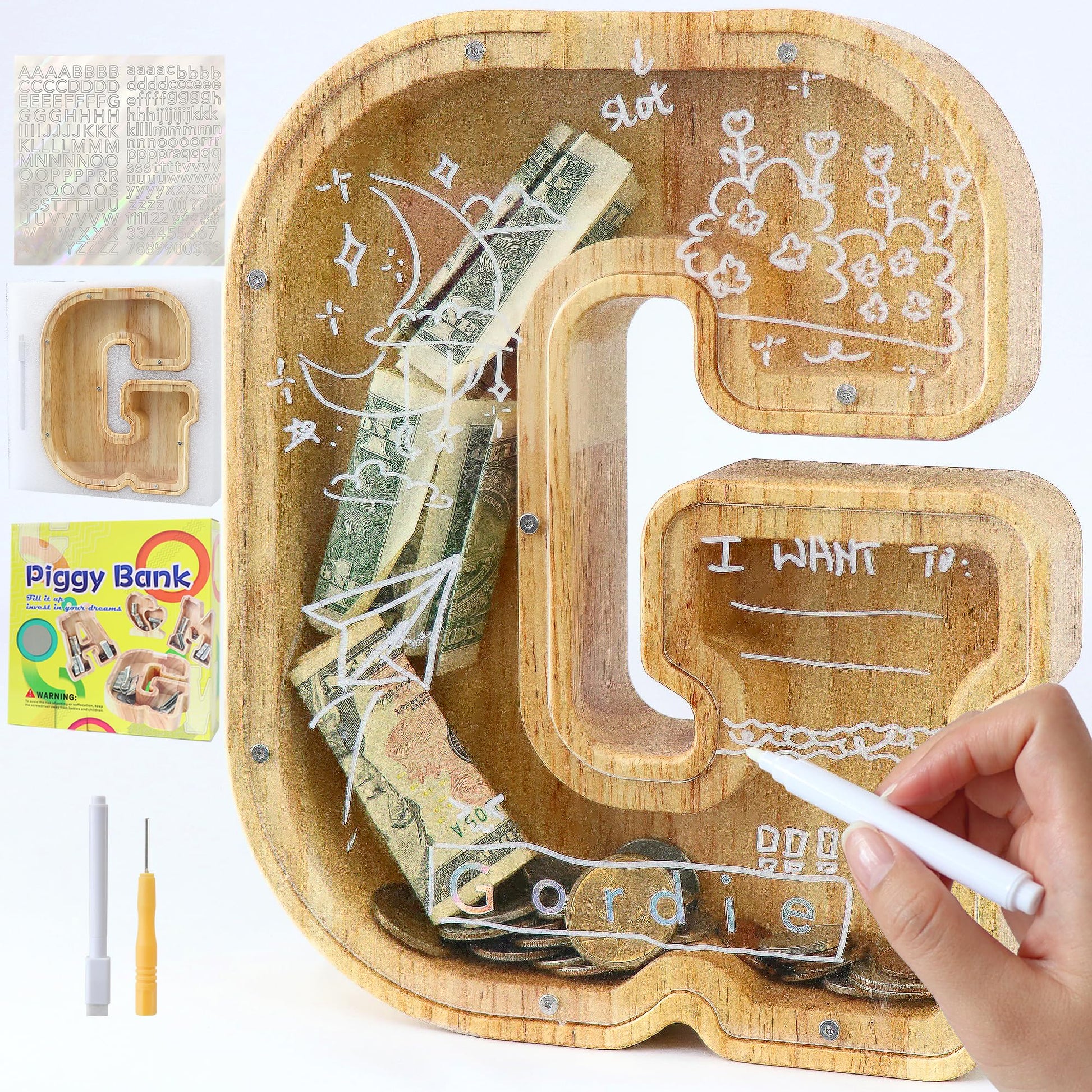 weallbuy Large Letter Piggy Bank for Kids Boys Girls Wooden Personalized Piggy Banks A-Z with Target Area Clear Alphabet Banknote Coin Banks for Gift Decoration Baptism (G)