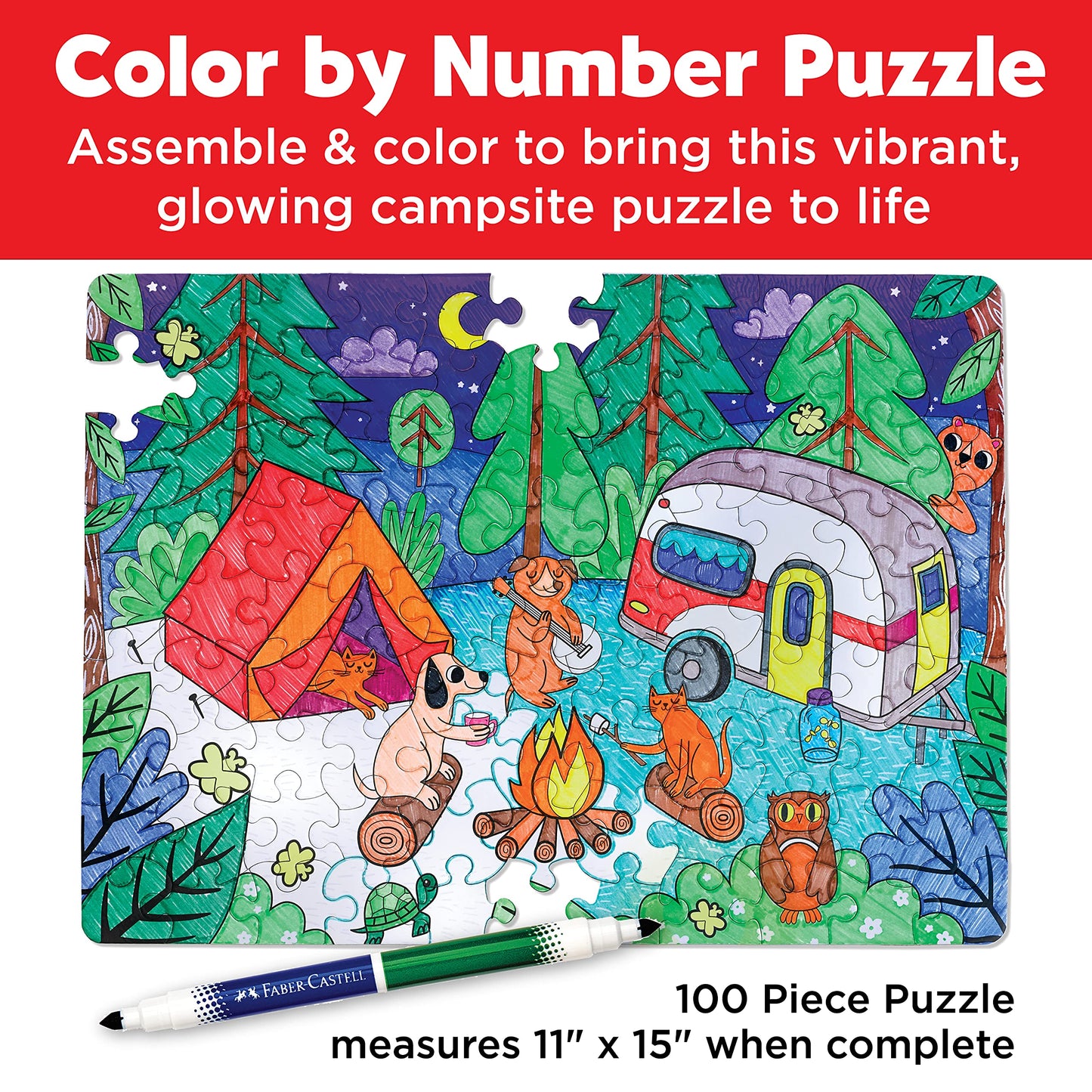 Faber-Castell Color By Number Puzzle, Camping - 100 Pieces, Diy Coloring Puzzle Set For Kids Ages 6+, Small