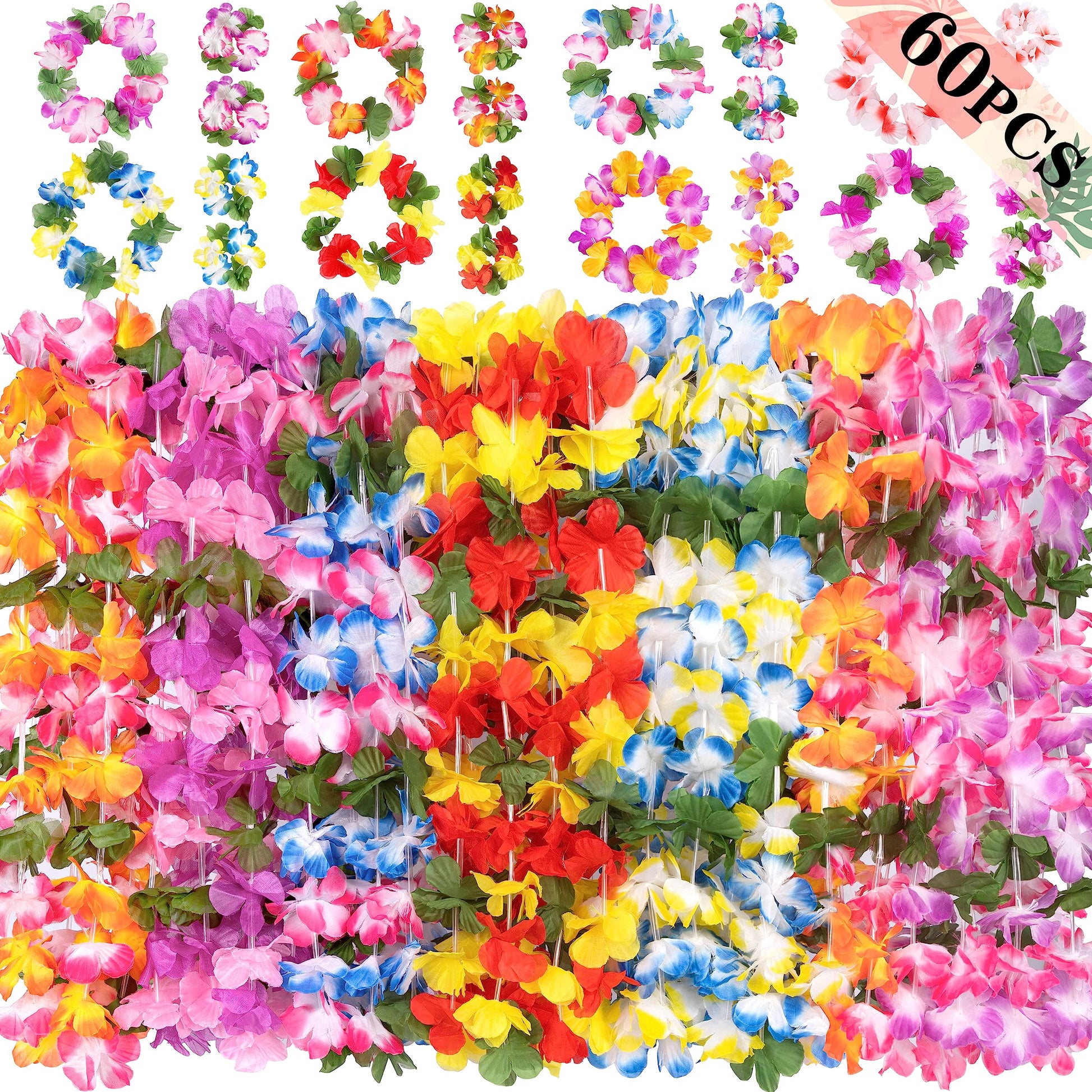 jollylife 60PCS Hawaiian Luau Leis Necklaces Bracelets Headbands Tropical Hibiscus Flowers Tiki Summer Pool Party Favors Supplie
