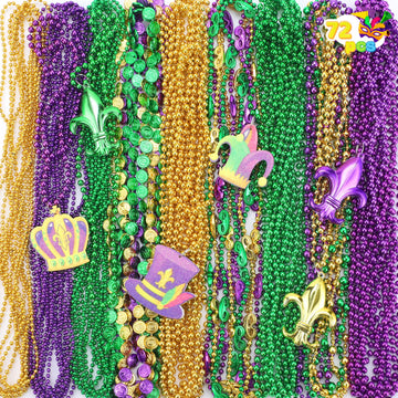 Joyin 72 Pcs Mardi Gras Bead Necklaces, Gold Green Purple Metallic Colors Bead Necklaces Set For Mardi Gras Party Decorations, C