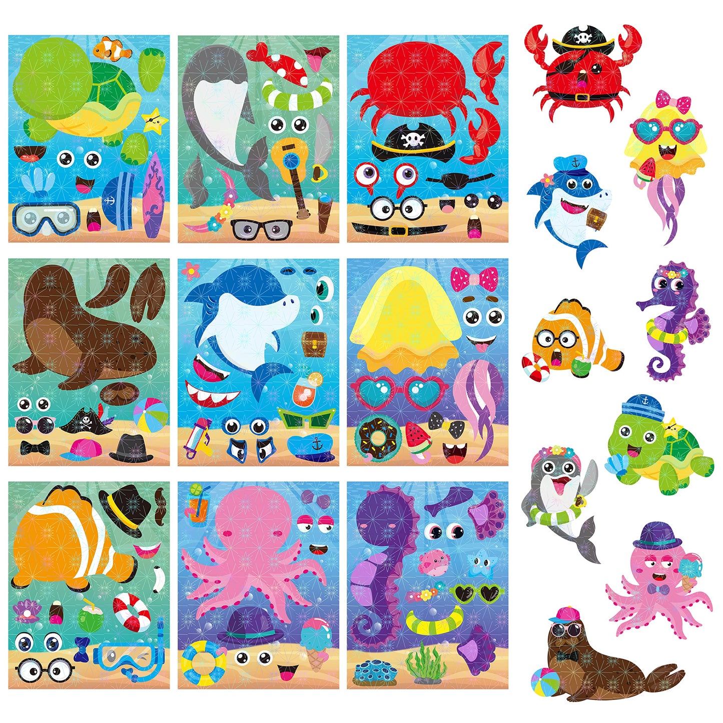 Hubirdsall 45Pcs Sea Make-A-Face Holographic Stickers Ocean Animals Diy Art Craft Rewards For School Kid Teacher Summer Mermaid Party Favor Sticker For Birthday Gift Children Room Ocean Decorated