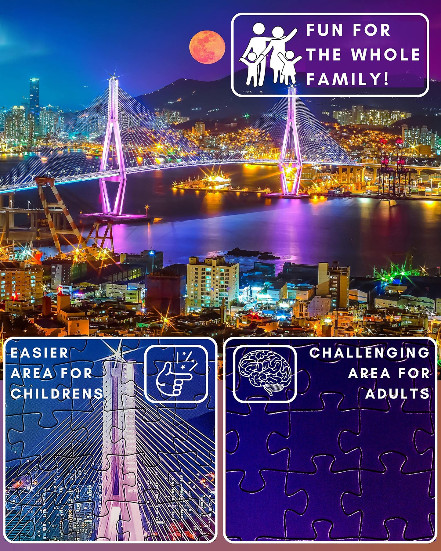 1000 Piece Puzzle for mature-themeds - Vibrant Night Cityscape with Moonlit Bridge  Gift-Ready Box  Letters on Back  8 Jigsaw Puzzle Saver Sheets & Full-Size Poster by GERJATO - Ideal Gift for Loved Ones