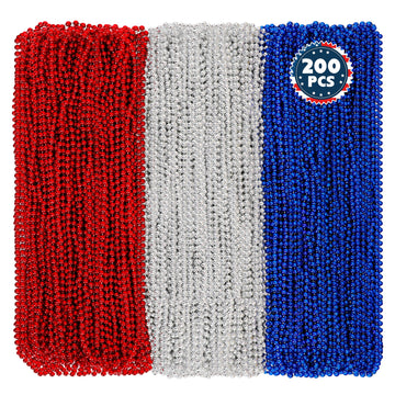 Huskein 200 Pcs Beads Necklace, 33'' Metallic Patriotic Necklace, Red Blue Silver Fourth Of July Beads Accessories Party Supplie