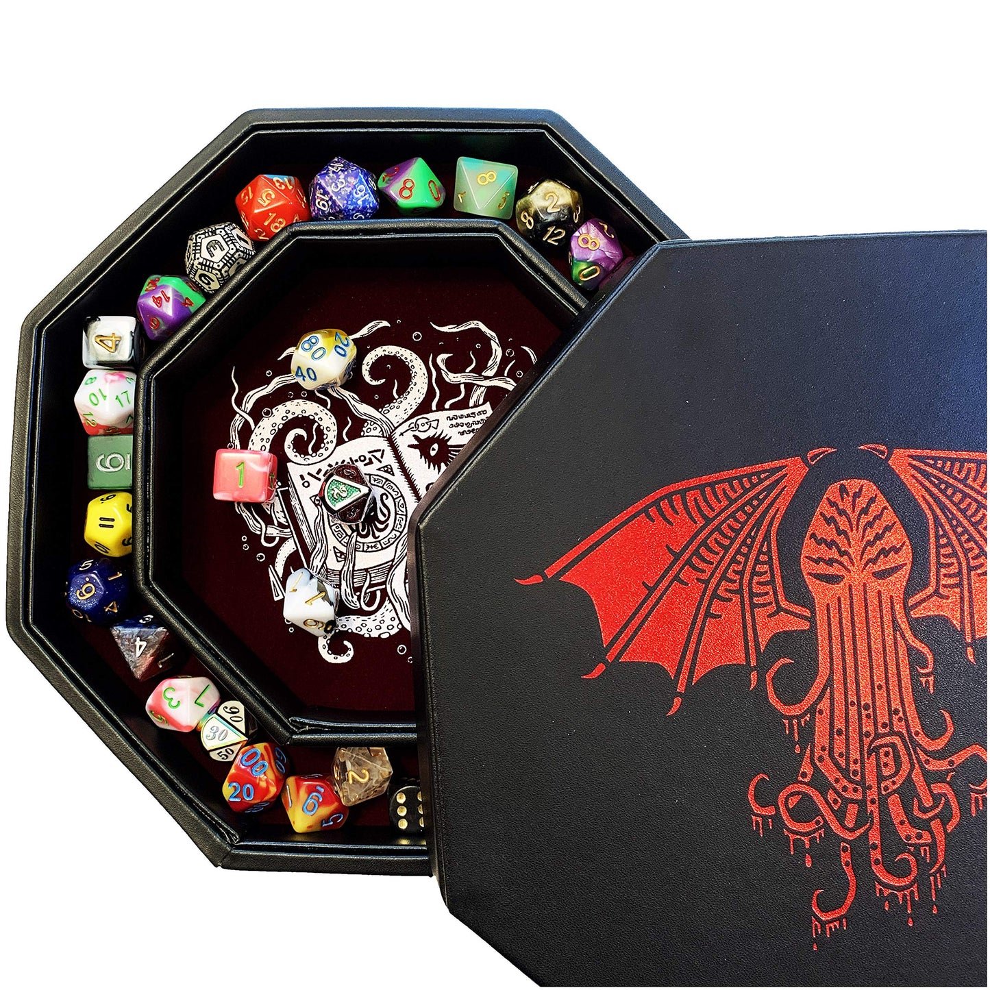 Fantasydice-Cthulhu Tome-RED- Dice Tray - 8'' Octagon with Lid and Dice Staging Area- Holds 5 Sets(7 Dice Set/Standard) for All