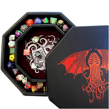 Fantasydice-Cthulhu Tome-RED- Dice Tray - 8'' Octagon with Lid and Dice Staging Area- Holds 5 Sets(7 Dice Set/Standard) for All