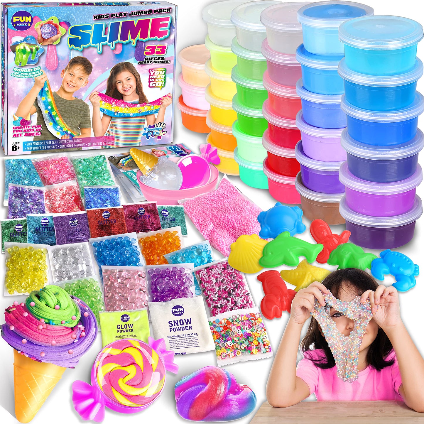 33 Cups Jumbo Slime Kit for Kids  FunKidz Premade Ultimate Slime Pack to DIY Soft  Cloud  Clear  Butter  Glitter  Glow in Dark Slime Making Kit Party Favors Gift Toys for Girls and Boys
