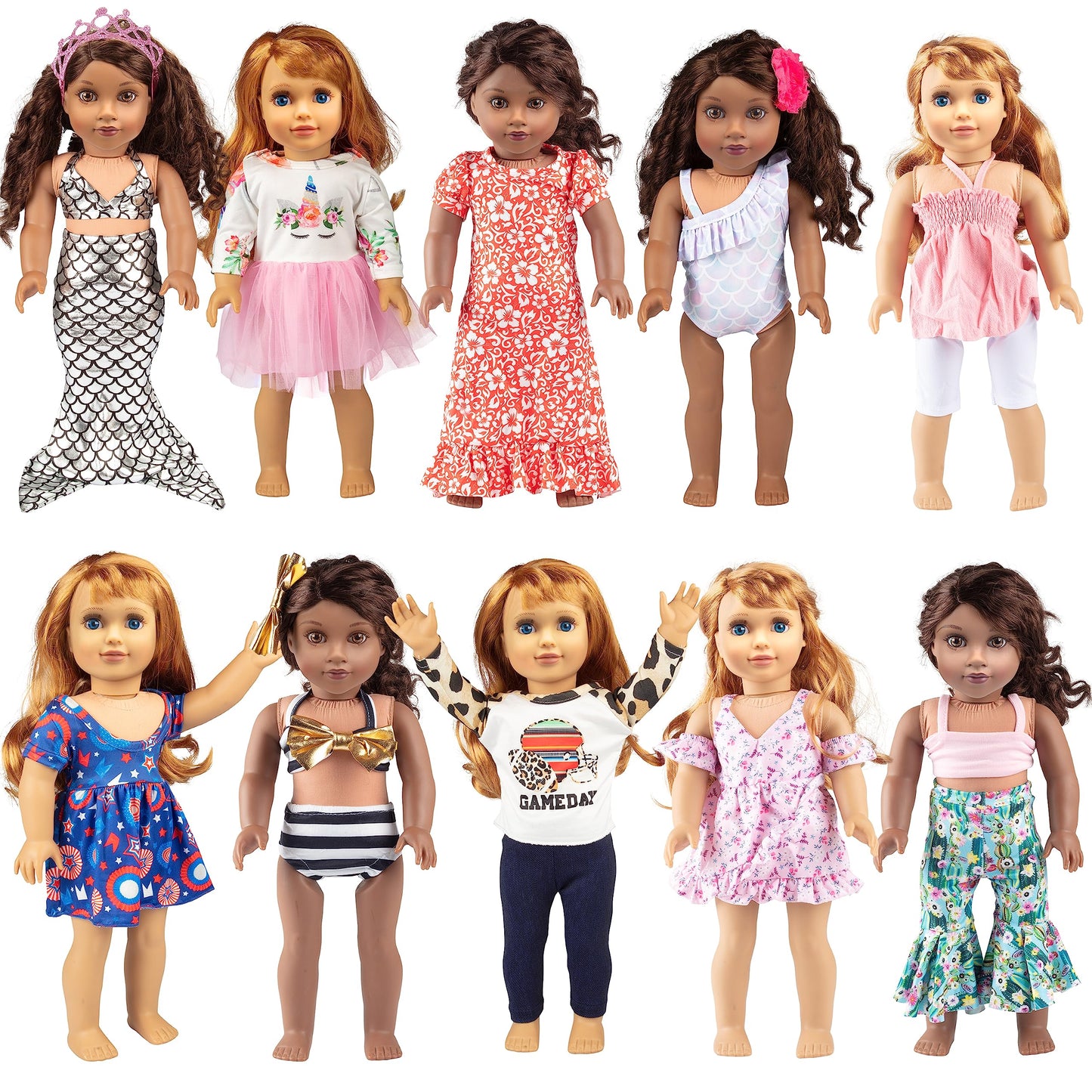 20Pc Clothes Set For American 18' Doll W 10 Different Outfits- Includes Full Outfits & Accessories: Dresses, Bathing Suits, Hats, Hair Bands, Pants, Shirts- Gift Set For Girls & Doll Collectors