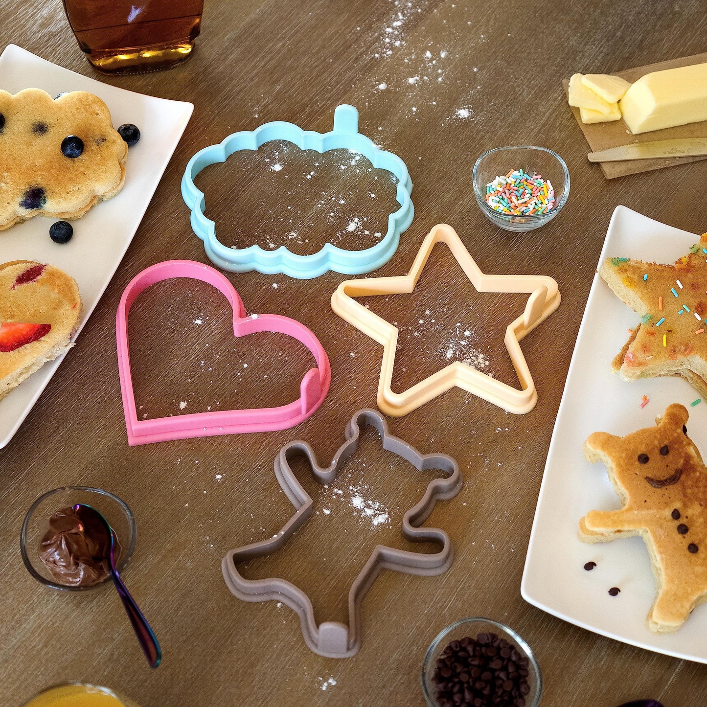 STIRLEX Silicone Pancake Molds Set of 4 - Heart, Star, Teddy Bear, Cloud Shapes - Nonstick, Kids Friendly - Pink, Blue, Yellow, Brown