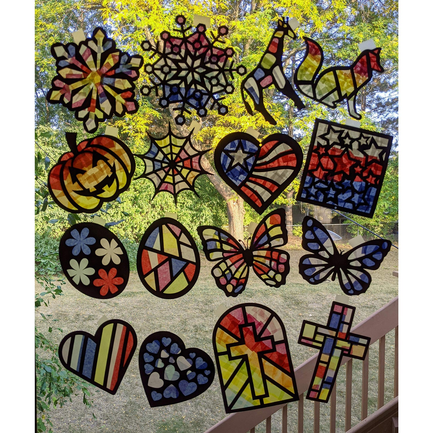 VHALE Suncatchers Craft 3 Sets (9 Cutouts) w Tissue Papers Stained Glass Effect Paper Sun Catcher Kit, Window Art, Classroom Cra