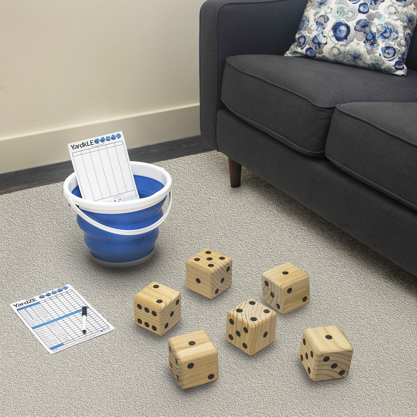 GETMOVIN SPORTS Natural Yardzee and Yard Farkle Dice Set (All Weather) Roll Bucket and Scorecard - Includes 6 Dice, Dry Erase Sc