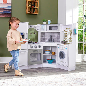KidKraft Ultimate Corner Wooden Play Kitchen with Lights & Sounds, Play Phone and Curtains, White