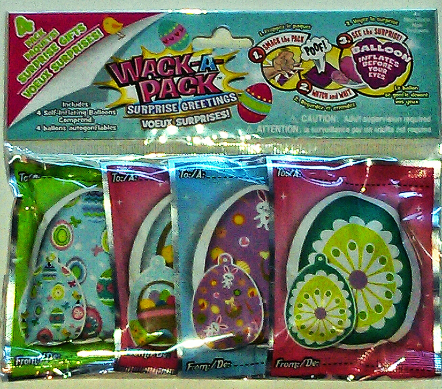 Playjoy Easter Egg Wack-a-Pack Balloon Surprise - 4 Self-Inflating Foil Balloons, Green, Pink, Yellow, Various Designs