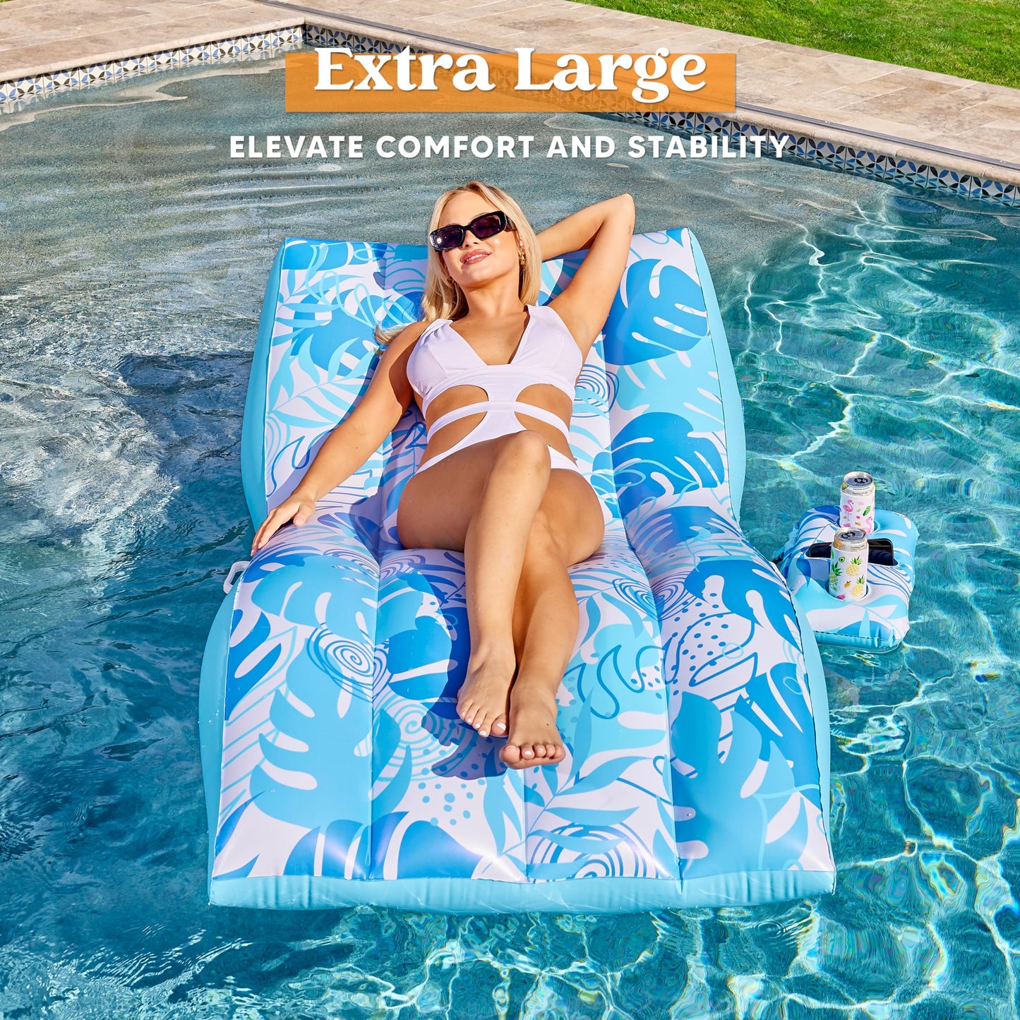 SLOOSH Inflatable Pool Floats mature-themed - Extreme Comfort Pool Lounge Chair with Detachable Cup Holder  Heavy Duty Lounger Floating Recliner Blow Up Floaties Water Floaty Lake Beach Tanning Float (Blue)