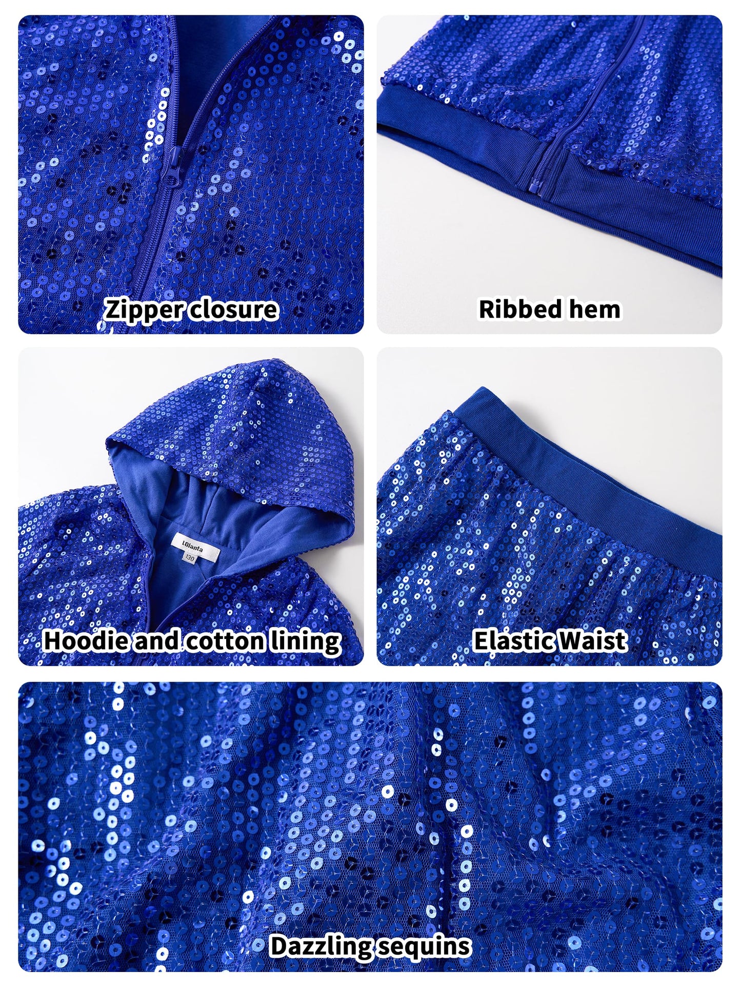 Lolanta Girls Hip Hop Dance Costumes Shiny Sequin Outfits Hooded Top With Pants For Halloween Cosplay (Royal Blue, 8-9 Years)