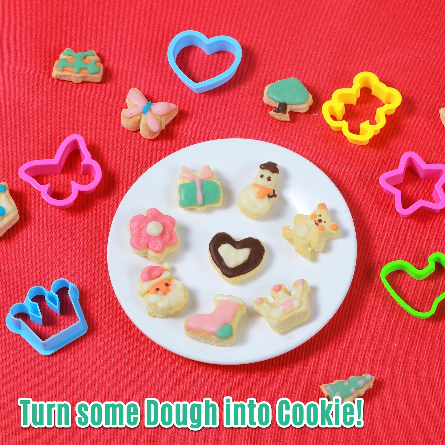 Carolart Baking Sets for Kids with Apron, Kids Cookie Cutter Set with 14 Assorted Cookie Cutters and 1 Sandwich Cutter, Kids Coo